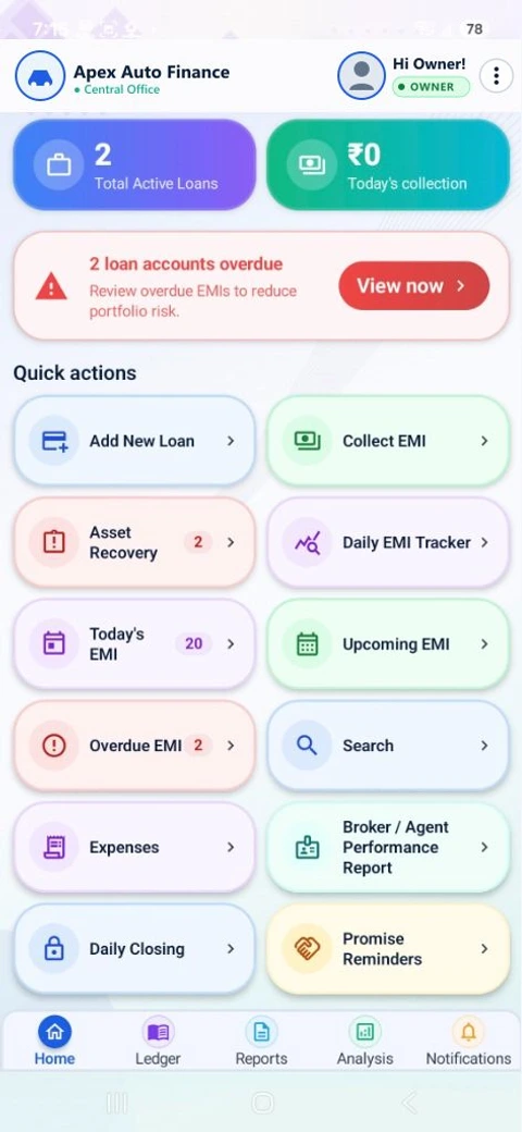 FinAUTO Android Mobile Smartphone Interface showing daily field operations, live portfolio metrics, and quick action shortcuts