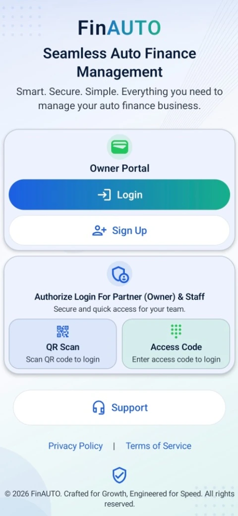 FinAUTO Owner Portal, QR Code Login, and Access Code Screen on Samsung smartphone