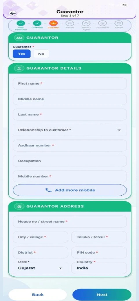 FinAUTO Structured 7-Step Loan Onboarding Wizard showing Guarantor step, KYC fields, and stepper bar